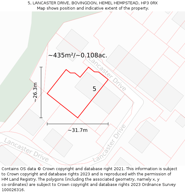 5, LANCASTER DRIVE, BOVINGDON, HEMEL HEMPSTEAD, HP3 0RX: Plot and title map