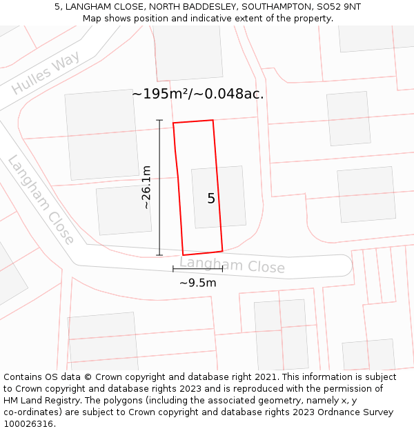5, LANGHAM CLOSE, NORTH BADDESLEY, SOUTHAMPTON, SO52 9NT: Plot and title map