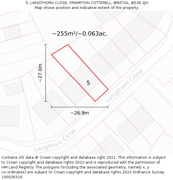 5, LANGTHORN CLOSE, FRAMPTON COTTERELL, BRISTOL, BS36 2JH: Plot and title map