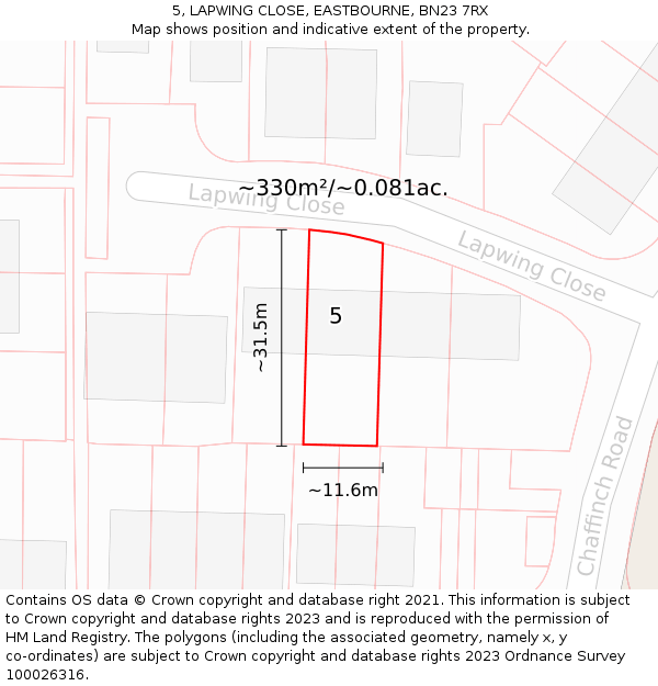 5, LAPWING CLOSE, EASTBOURNE, BN23 7RX: Plot and title map