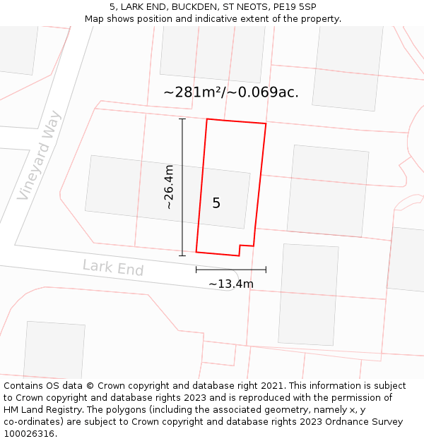 5, LARK END, BUCKDEN, ST NEOTS, PE19 5SP: Plot and title map