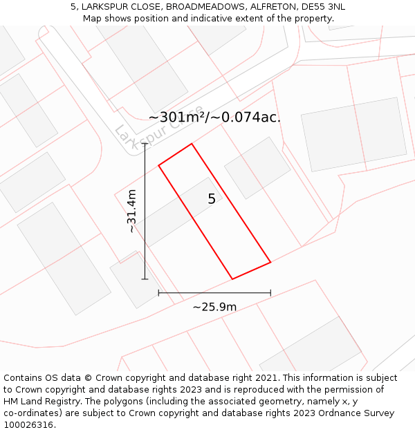5, LARKSPUR CLOSE, BROADMEADOWS, ALFRETON, DE55 3NL: Plot and title map