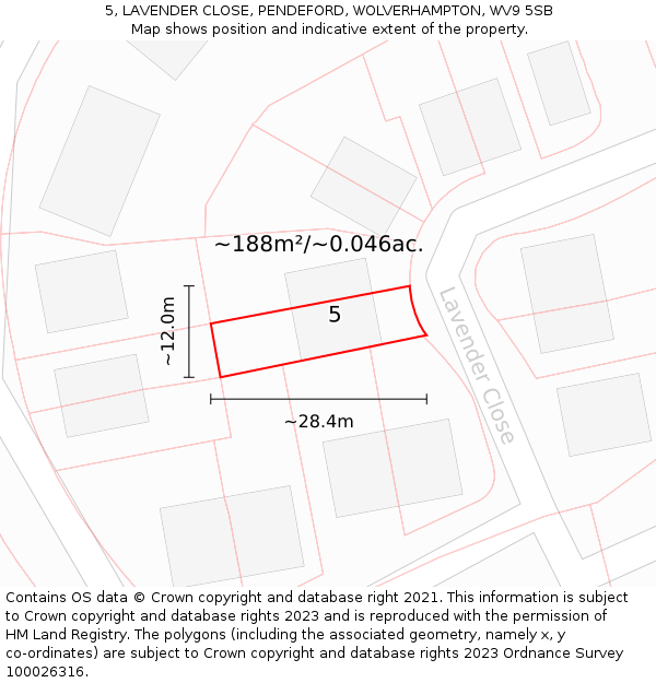 5, LAVENDER CLOSE, PENDEFORD, WOLVERHAMPTON, WV9 5SB: Plot and title map
