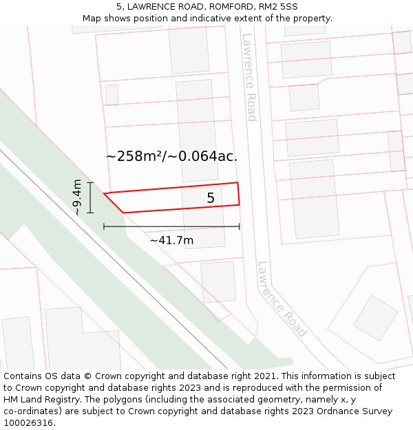 5, LAWRENCE ROAD, ROMFORD, RM2 5SS: Plot and title map