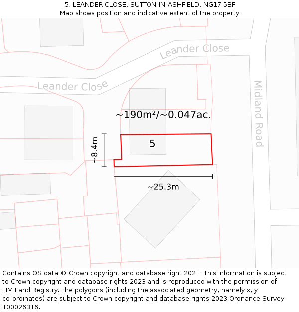 5, LEANDER CLOSE, SUTTON-IN-ASHFIELD, NG17 5BF: Plot and title map