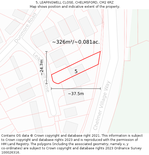 5, LEAPINGWELL CLOSE, CHELMSFORD, CM2 6RZ: Plot and title map