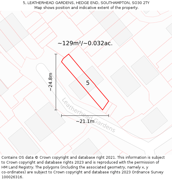 5, LEATHERHEAD GARDENS, HEDGE END, SOUTHAMPTON, SO30 2TY: Plot and title map