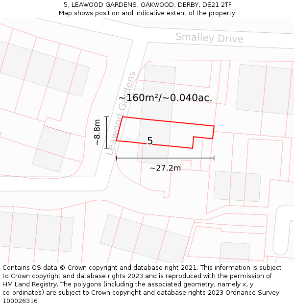5, LEAWOOD GARDENS, OAKWOOD, DERBY, DE21 2TF: Plot and title map
