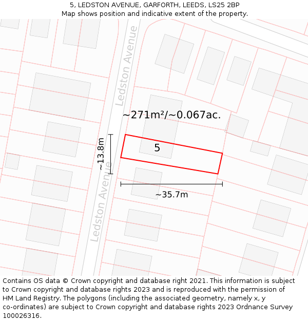 5, LEDSTON AVENUE, GARFORTH, LEEDS, LS25 2BP: Plot and title map