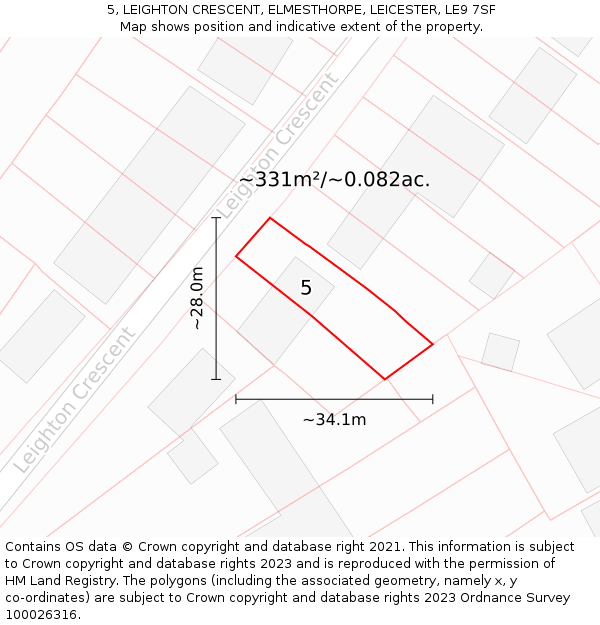 5, LEIGHTON CRESCENT, ELMESTHORPE, LEICESTER, LE9 7SF: Plot and title map