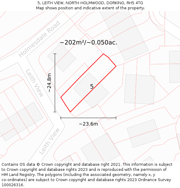 5, LEITH VIEW, NORTH HOLMWOOD, DORKING, RH5 4TG: Plot and title map