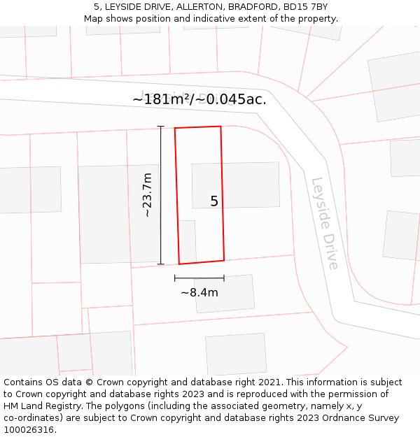 5, LEYSIDE DRIVE, ALLERTON, BRADFORD, BD15 7BY: Plot and title map