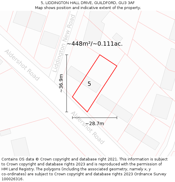 5, LIDDINGTON HALL DRIVE, GUILDFORD, GU3 3AF: Plot and title map
