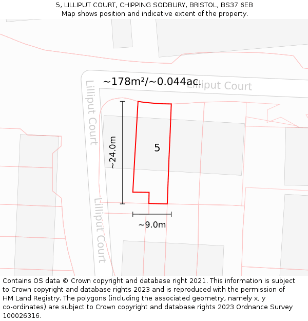 5, LILLIPUT COURT, CHIPPING SODBURY, BRISTOL, BS37 6EB: Plot and title map