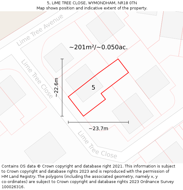5, LIME TREE CLOSE, WYMONDHAM, NR18 0TN: Plot and title map