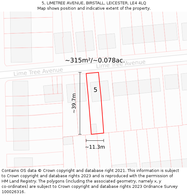 5, LIMETREE AVENUE, BIRSTALL, LEICESTER, LE4 4LQ: Plot and title map