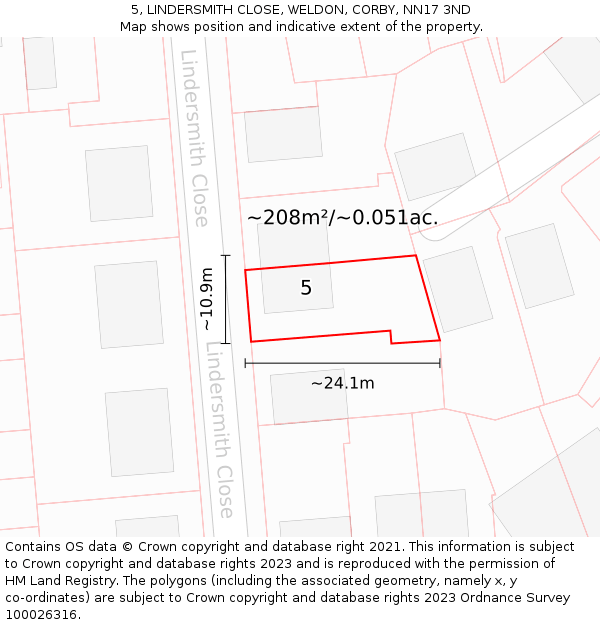 5, LINDERSMITH CLOSE, WELDON, CORBY, NN17 3ND: Plot and title map
