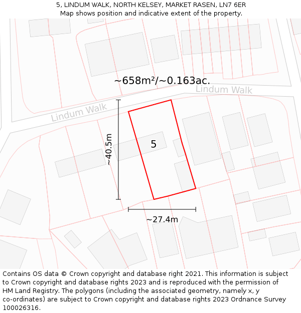 5, LINDUM WALK, NORTH KELSEY, MARKET RASEN, LN7 6ER: Plot and title map
