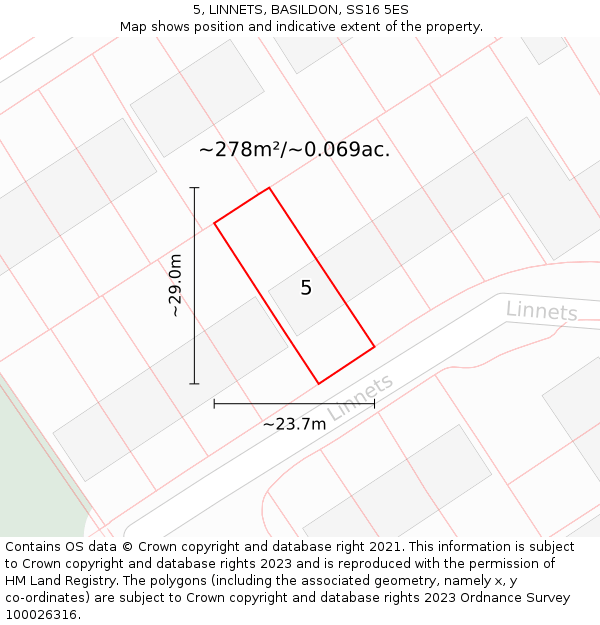 5, LINNETS, BASILDON, SS16 5ES: Plot and title map