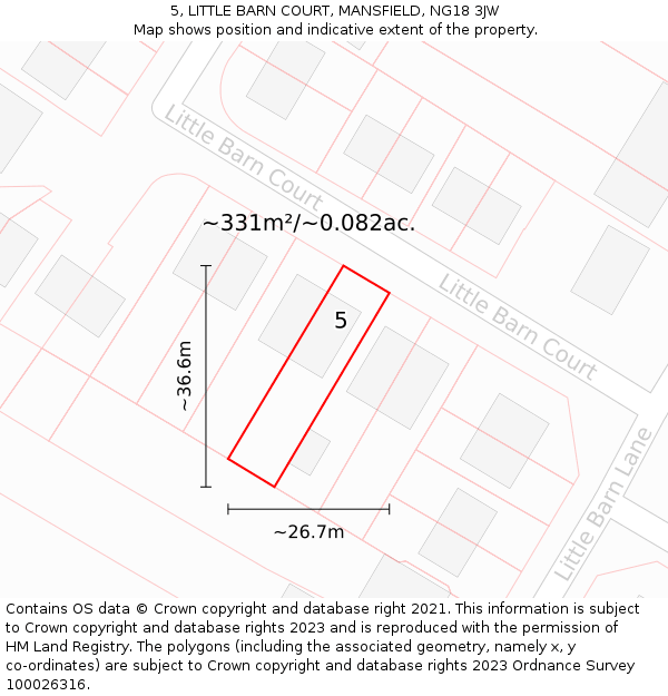 5, LITTLE BARN COURT, MANSFIELD, NG18 3JW: Plot and title map