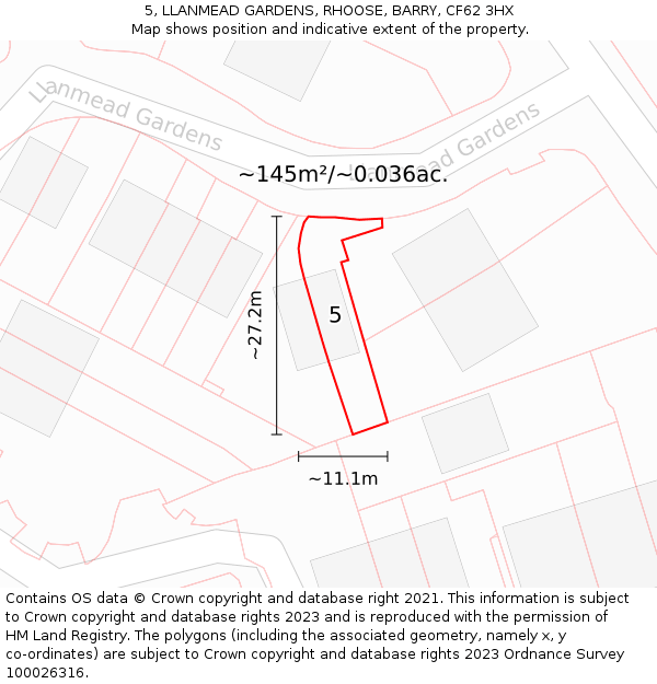 5, LLANMEAD GARDENS, RHOOSE, BARRY, CF62 3HX: Plot and title map