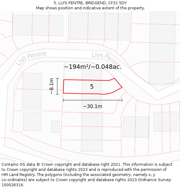 5, LLYS PENTRE, BRIDGEND, CF31 5DY: Plot and title map
