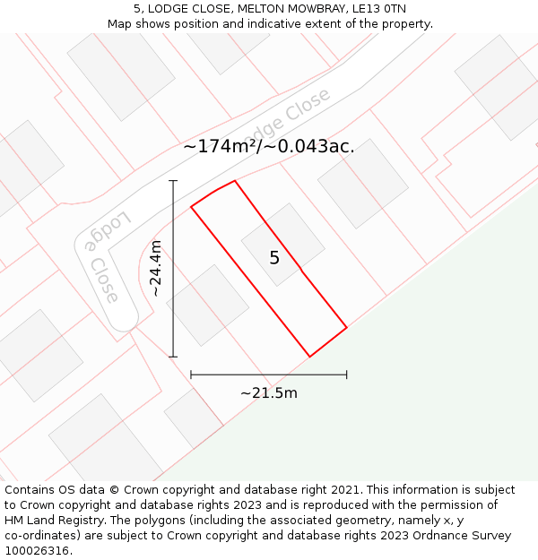 5, LODGE CLOSE, MELTON MOWBRAY, LE13 0TN: Plot and title map