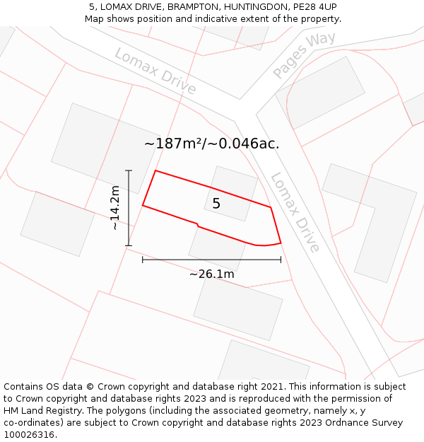 5, LOMAX DRIVE, BRAMPTON, HUNTINGDON, PE28 4UP: Plot and title map