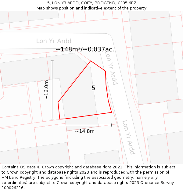 5, LON YR ARDD, COITY, BRIDGEND, CF35 6EZ: Plot and title map