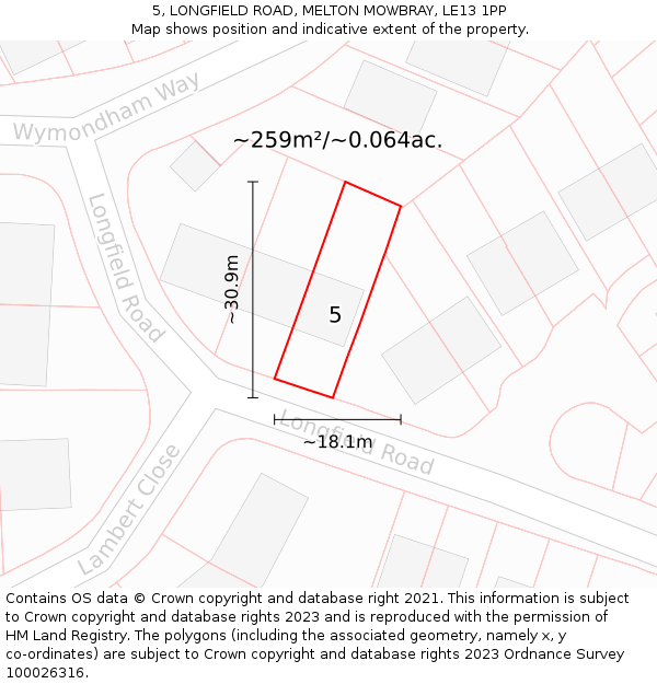 5, LONGFIELD ROAD, MELTON MOWBRAY, LE13 1PP: Plot and title map