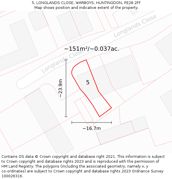 5, LONGLANDS CLOSE, WARBOYS, HUNTINGDON, PE28 2FF: Plot and title map