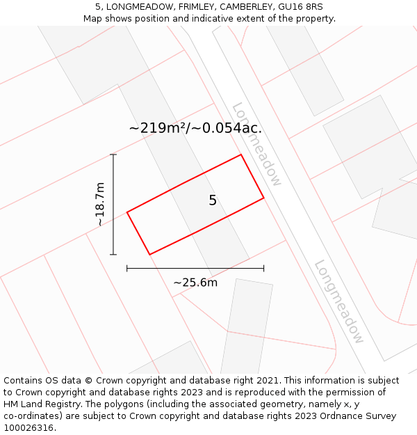 5, LONGMEADOW, FRIMLEY, CAMBERLEY, GU16 8RS: Plot and title map