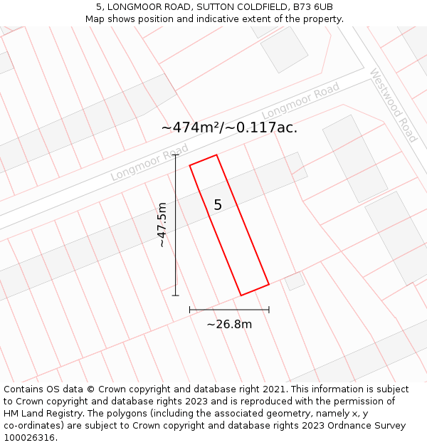 5, LONGMOOR ROAD, SUTTON COLDFIELD, B73 6UB: Plot and title map