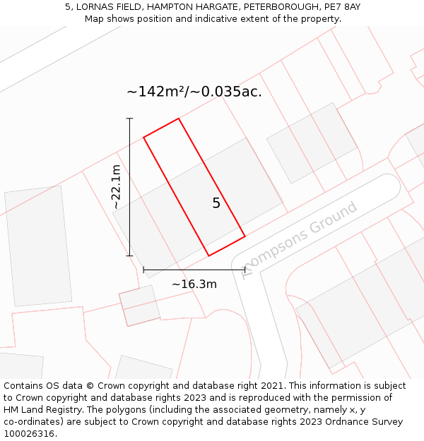 5, LORNAS FIELD, HAMPTON HARGATE, PETERBOROUGH, PE7 8AY: Plot and title map