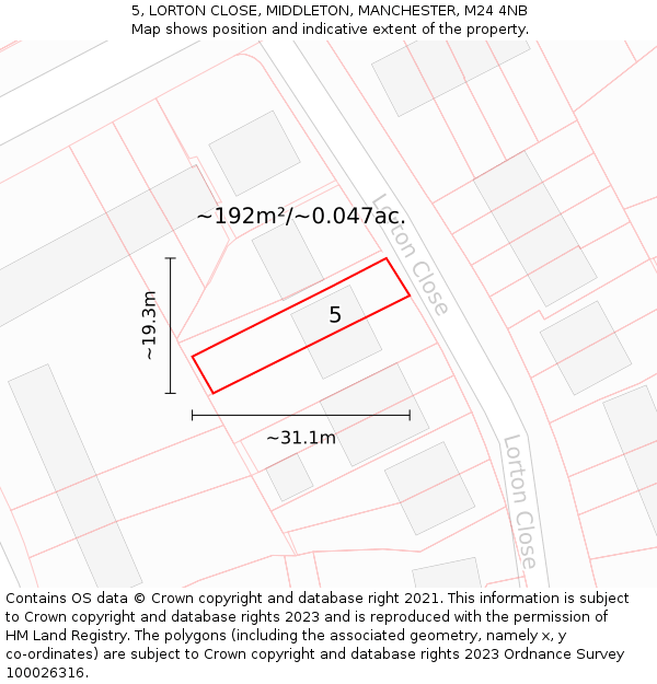 5, LORTON CLOSE, MIDDLETON, MANCHESTER, M24 4NB: Plot and title map