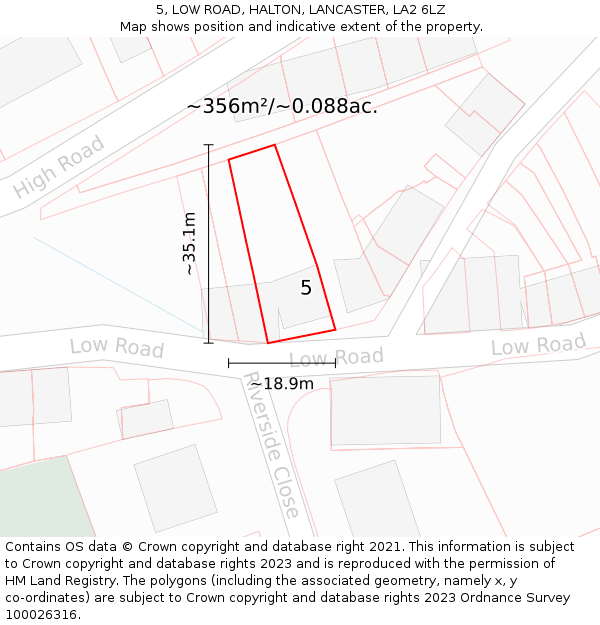 5, LOW ROAD, HALTON, LANCASTER, LA2 6LZ: Plot and title map