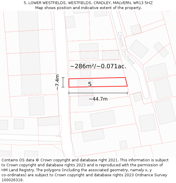 5, LOWER WESTFIELDS, WESTFIELDS, CRADLEY, MALVERN, WR13 5HZ: Plot and title map