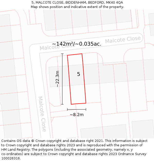 5, MALCOTE CLOSE, BIDDENHAM, BEDFORD, MK40 4QA: Plot and title map