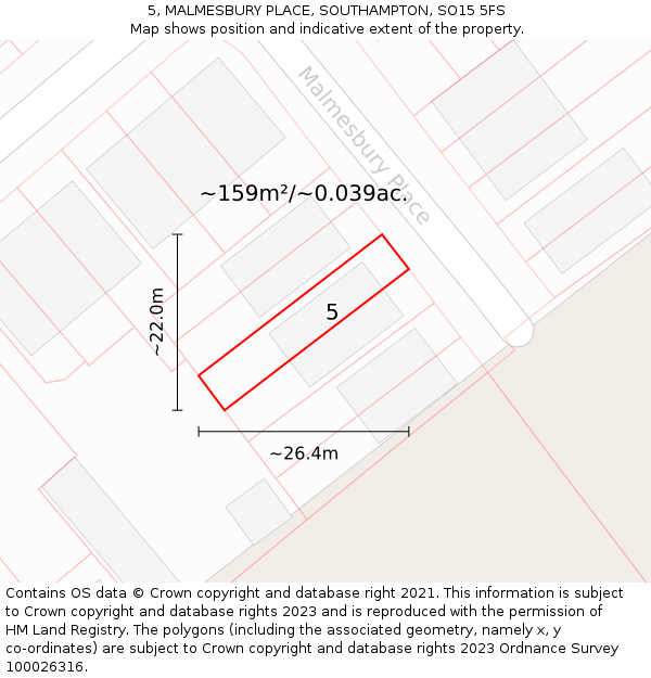 5, MALMESBURY PLACE, SOUTHAMPTON, SO15 5FS: Plot and title map