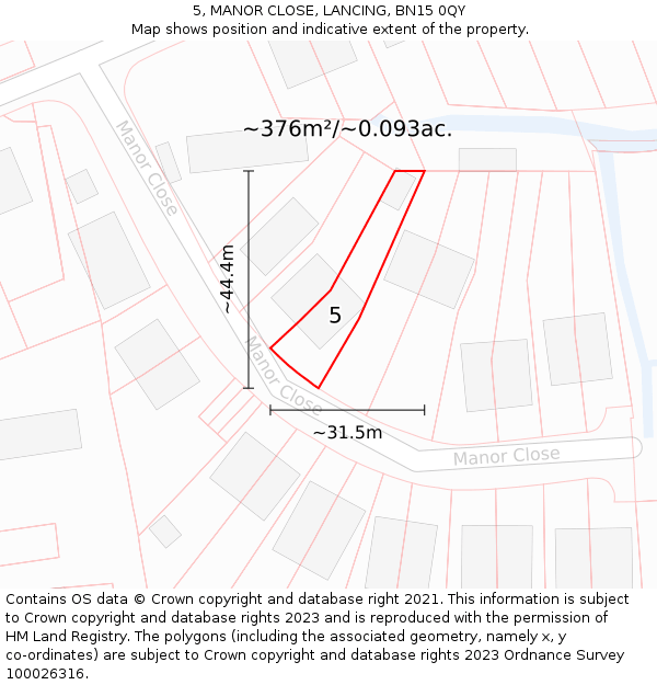 5, MANOR CLOSE, LANCING, BN15 0QY: Plot and title map