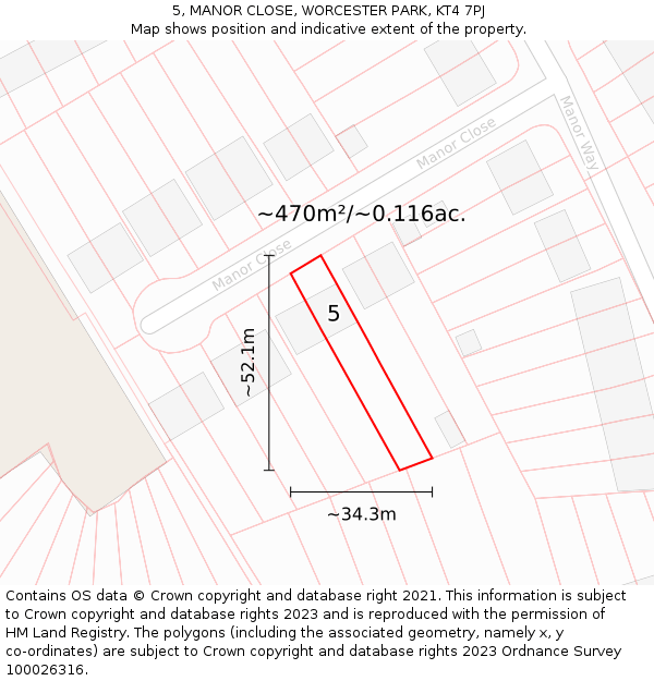 5, MANOR CLOSE, WORCESTER PARK, KT4 7PJ: Plot and title map