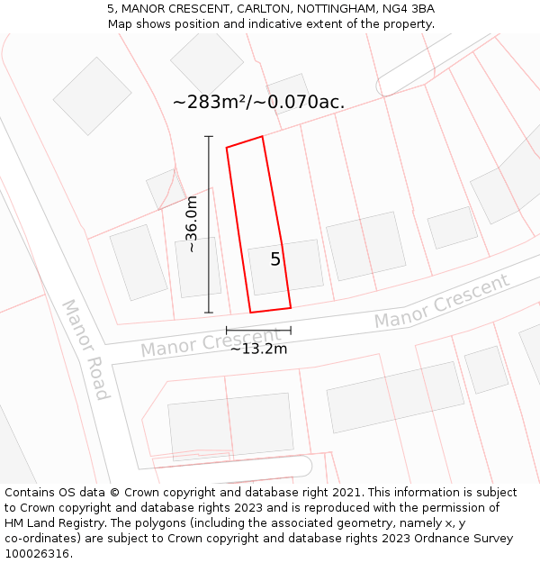 5, MANOR CRESCENT, CARLTON, NOTTINGHAM, NG4 3BA: Plot and title map