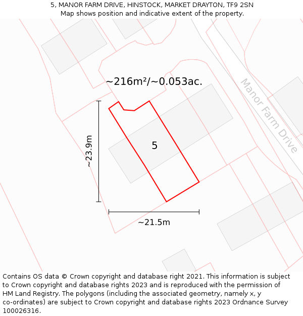 5, MANOR FARM DRIVE, HINSTOCK, MARKET DRAYTON, TF9 2SN: Plot and title map