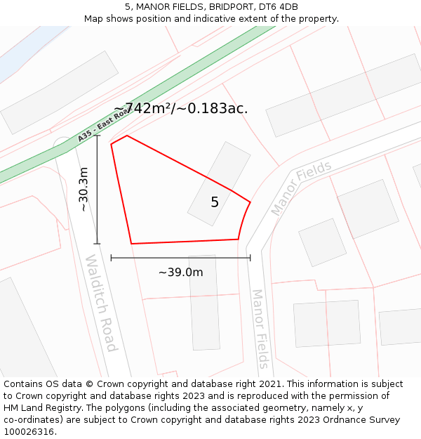 5, MANOR FIELDS, BRIDPORT, DT6 4DB: Plot and title map