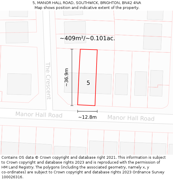 5, MANOR HALL ROAD, SOUTHWICK, BRIGHTON, BN42 4NA: Plot and title map