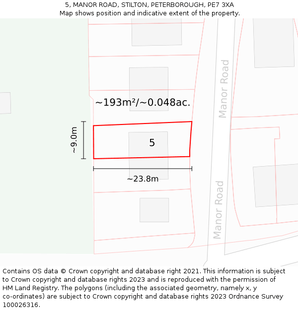 5, MANOR ROAD, STILTON, PETERBOROUGH, PE7 3XA: Plot and title map