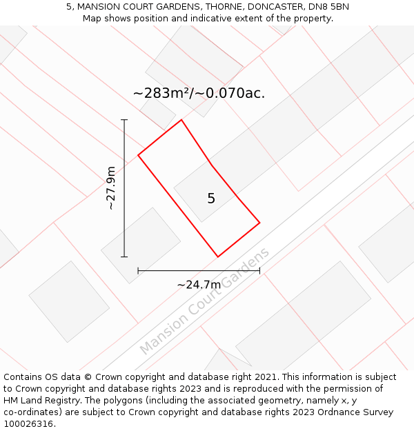 5, MANSION COURT GARDENS, THORNE, DONCASTER, DN8 5BN: Plot and title map