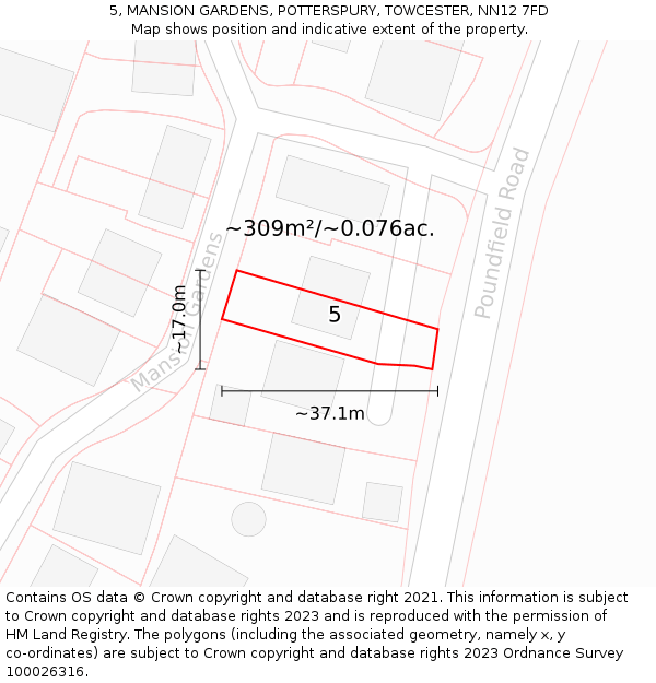 5, MANSION GARDENS, POTTERSPURY, TOWCESTER, NN12 7FD: Plot and title map