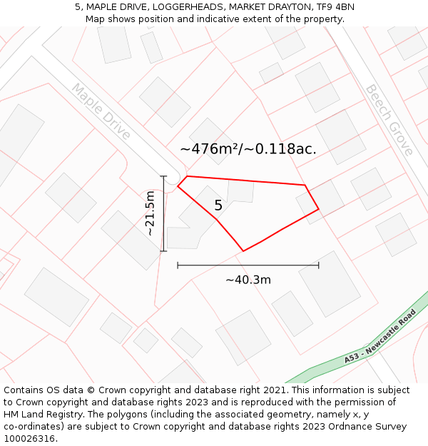 5, MAPLE DRIVE, LOGGERHEADS, MARKET DRAYTON, TF9 4BN: Plot and title map