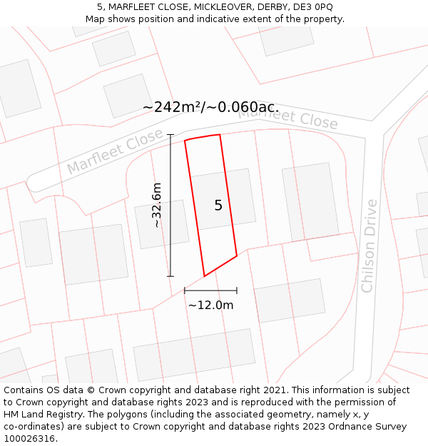 5, MARFLEET CLOSE, MICKLEOVER, DERBY, DE3 0PQ: Plot and title map